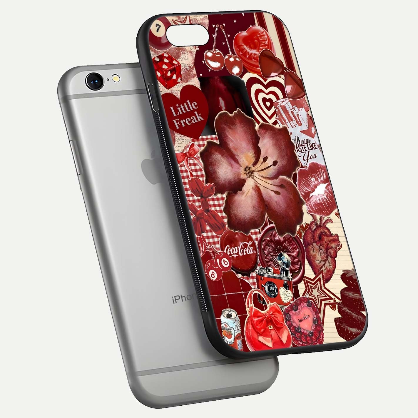 Aesthetic Little Freak Glass Case for iPhone 16 Pro floating dual-view mockup showing edge design and detailed collage gloss texture