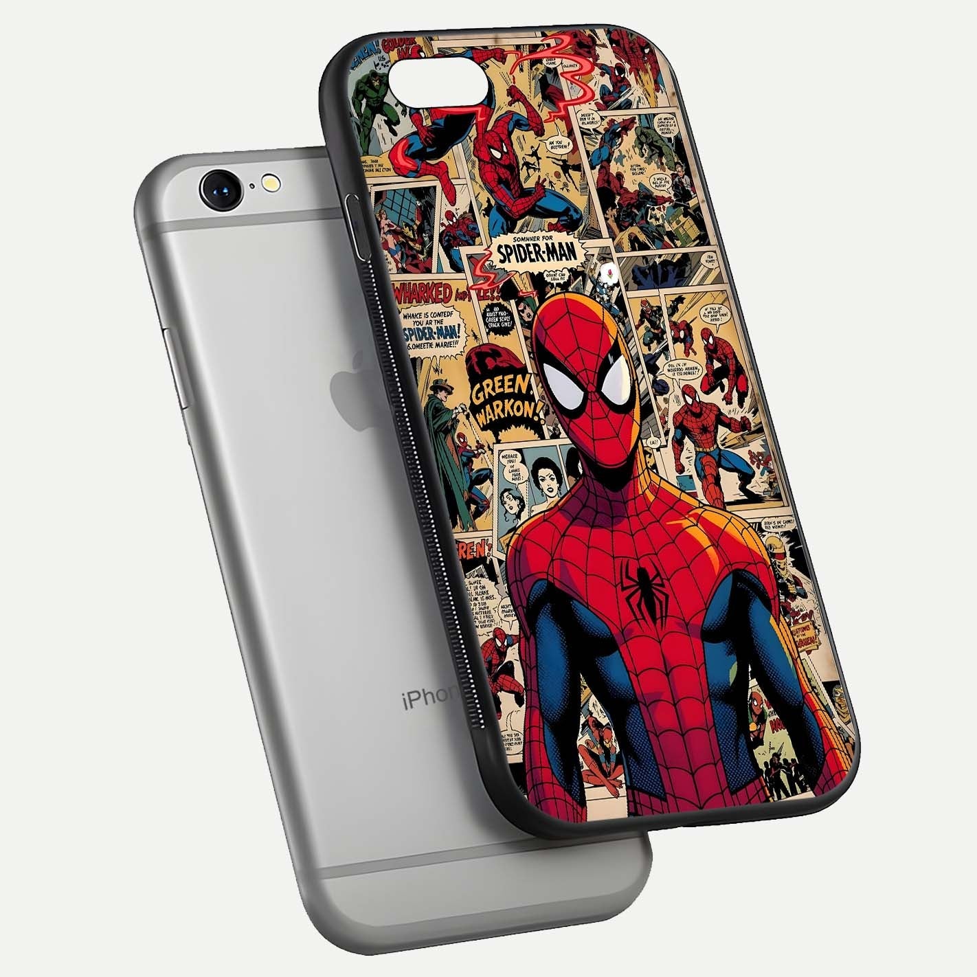 Aesthetic Spider Man Glass Case for iPhone 16 Pro floating dual-view mockup showing edge design and detailed Spider-Man gloss texture