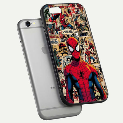 Aesthetic Spider Man Glass Case for iPhone 16 Pro floating dual-view mockup showing edge design and detailed Spider-Man gloss texture
