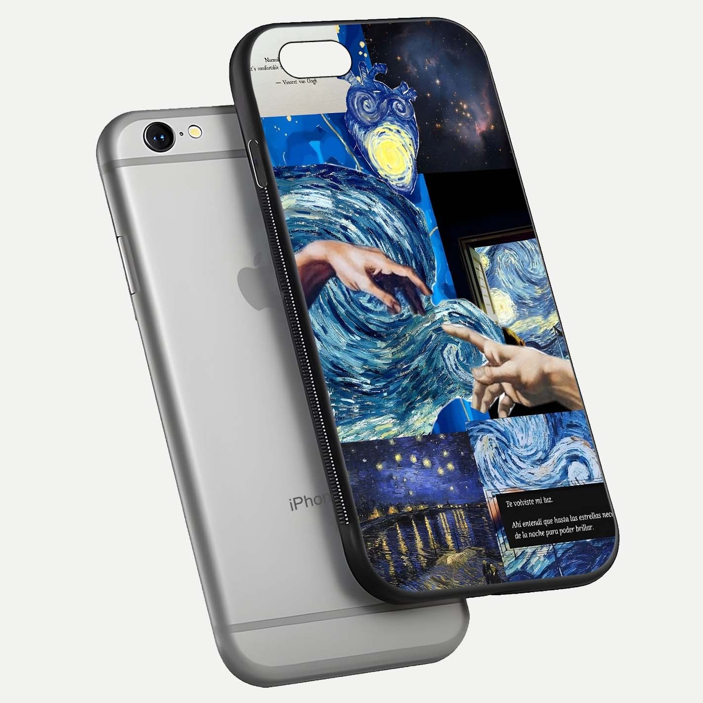 Aesthetic Vando Hands Glass Case for iPhone 16 Pro floating dual-view mockup showing slim edge profile and high-definition gloss