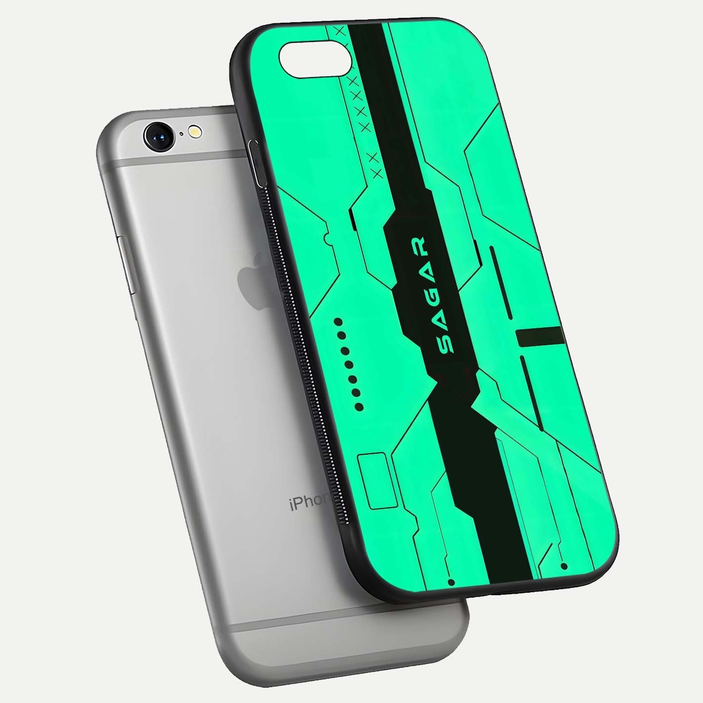 Aqua Tech CYBERPUNK Custom Name Glass Case for iPhone 16 Pro floating mockup highlighting name customization area