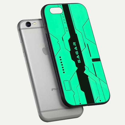 Aqua Tech CYBERPUNK Custom Name Glass Case for iPhone 16 Pro floating mockup highlighting name customization area