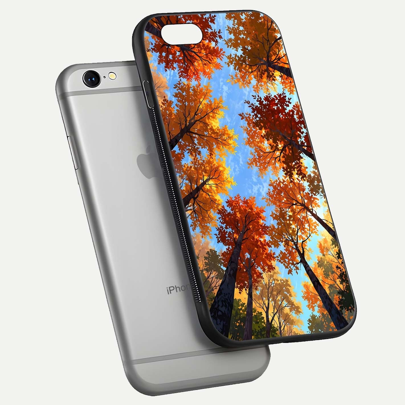 Autumn Sky Rise Glass Case for iPhone 16 Pro floating dual-view mockup with sky horizon and glossy highlights