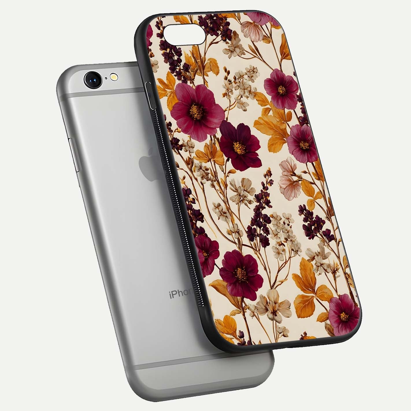 Autumn Wine Bloom Glass Case for iPhone 16 Pro floating mockup with premium floral gradient and protection edge