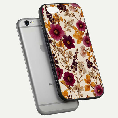 Autumn Wine Bloom Glass Case for iPhone 16 Pro floating mockup with premium floral gradient and protection edge