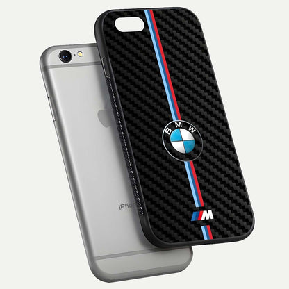 BMW Pattern Glass Case for iPhone 16 Pro floating mockup highlighting clean lines and metallic accent reflection