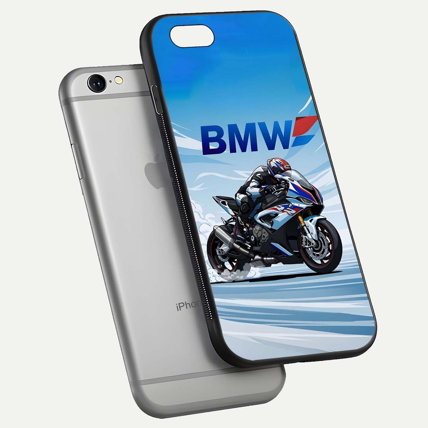 BMW Power Drift Glass Case for iPhone 16 Pro floating mockup displaying bold drift artwork and glossy polish