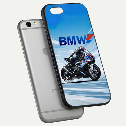 BMW Power Drift Glass Case for iPhone 16 Pro floating mockup displaying bold drift artwork and glossy polish