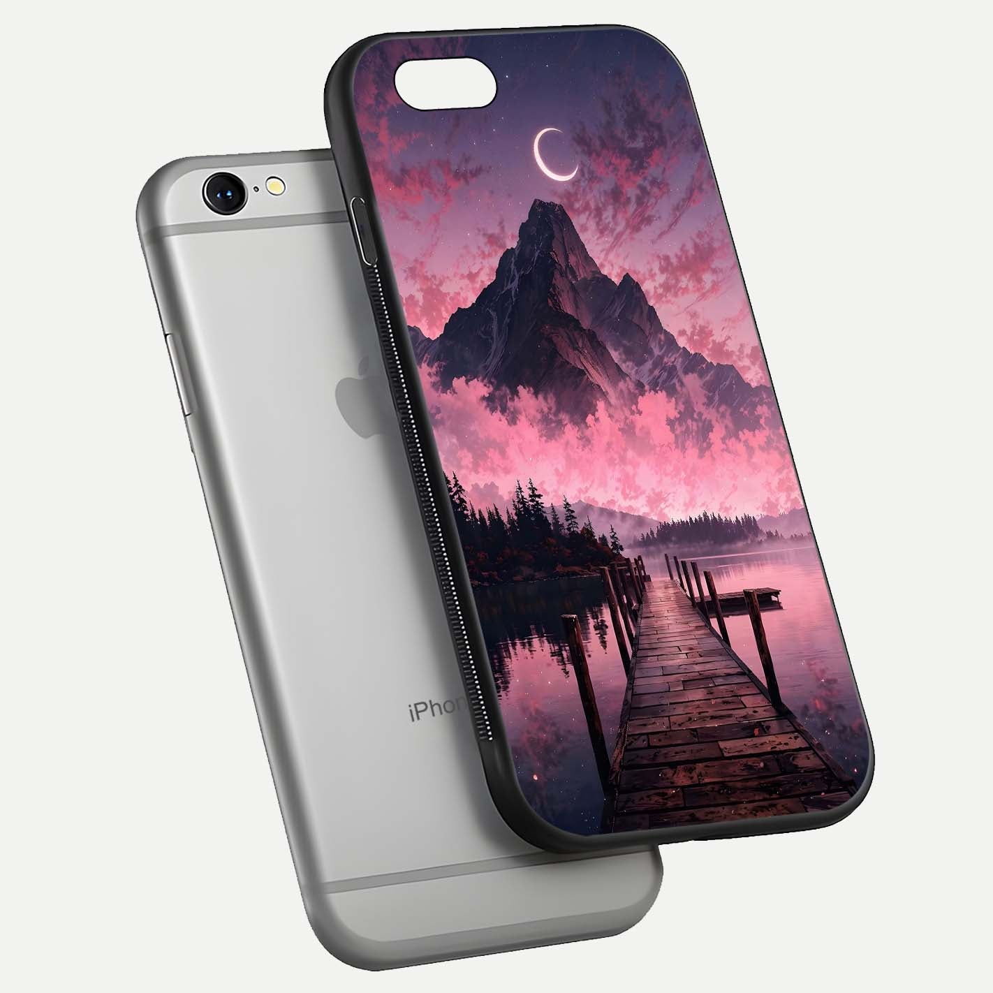 Beautyful Mountain View Glass Case for iPhone 16 Pro floating dual mockup showing edges and reflective sky print