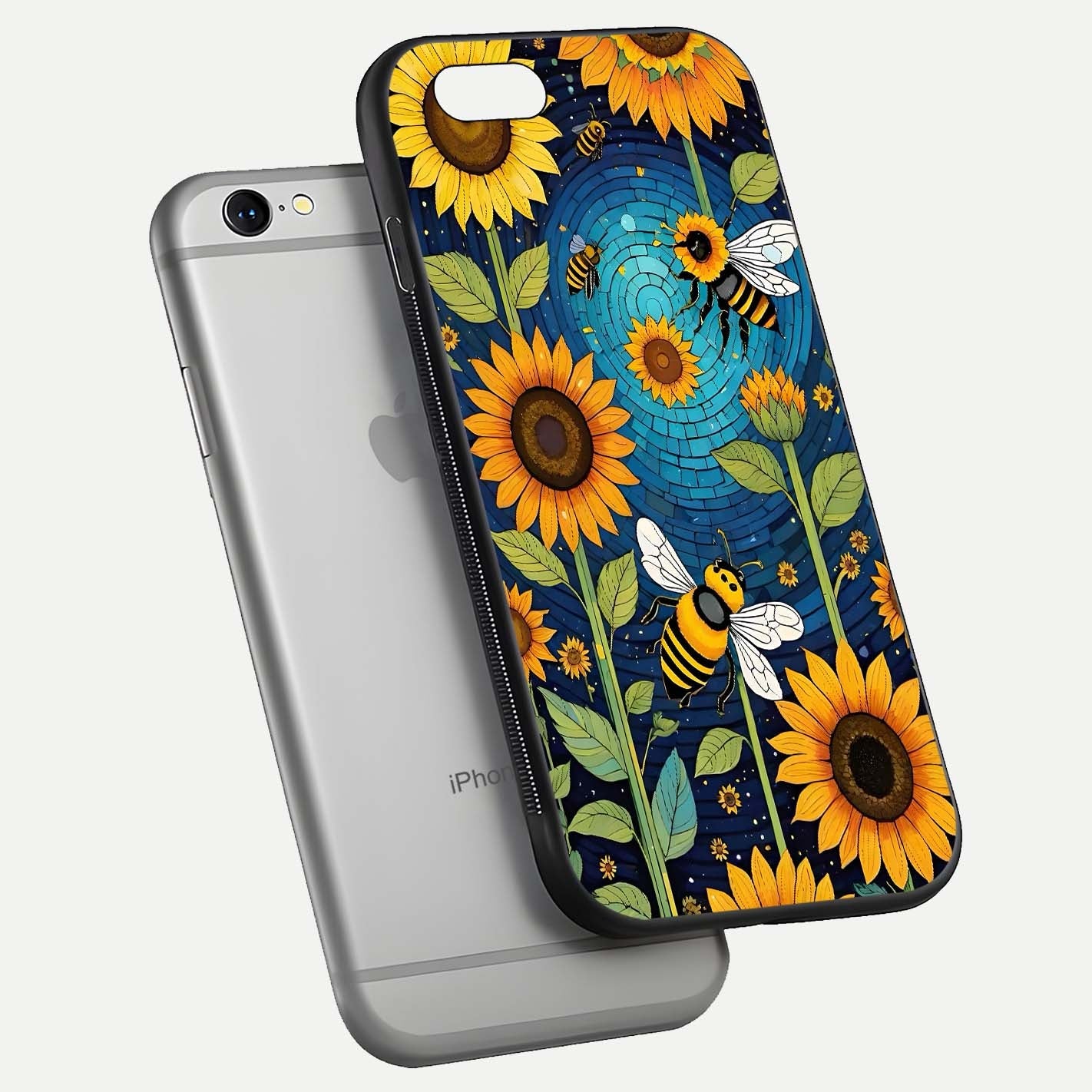 Bees & Sunflowers Glass Case for iPhone 16 Pro floating dual-view mockup displaying vibrant yellow tones and gloss texture