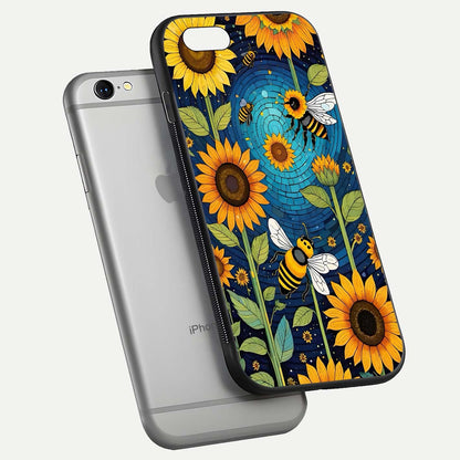 Bees & Sunflowers Glass Case for iPhone 16 Pro floating dual-view mockup displaying vibrant yellow tones and gloss texture