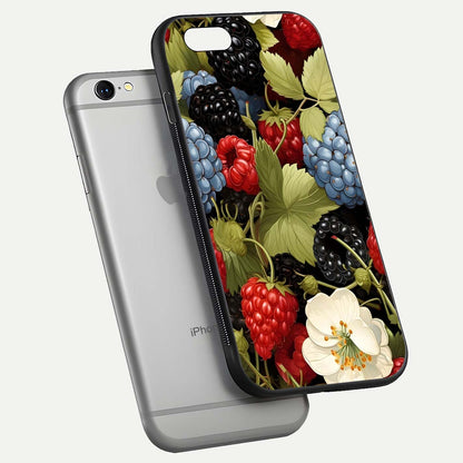 Berry Bloom Charm Glass Case for iPhone 16 Pro floating mockup capturing glossy reflection and curved-edge finish