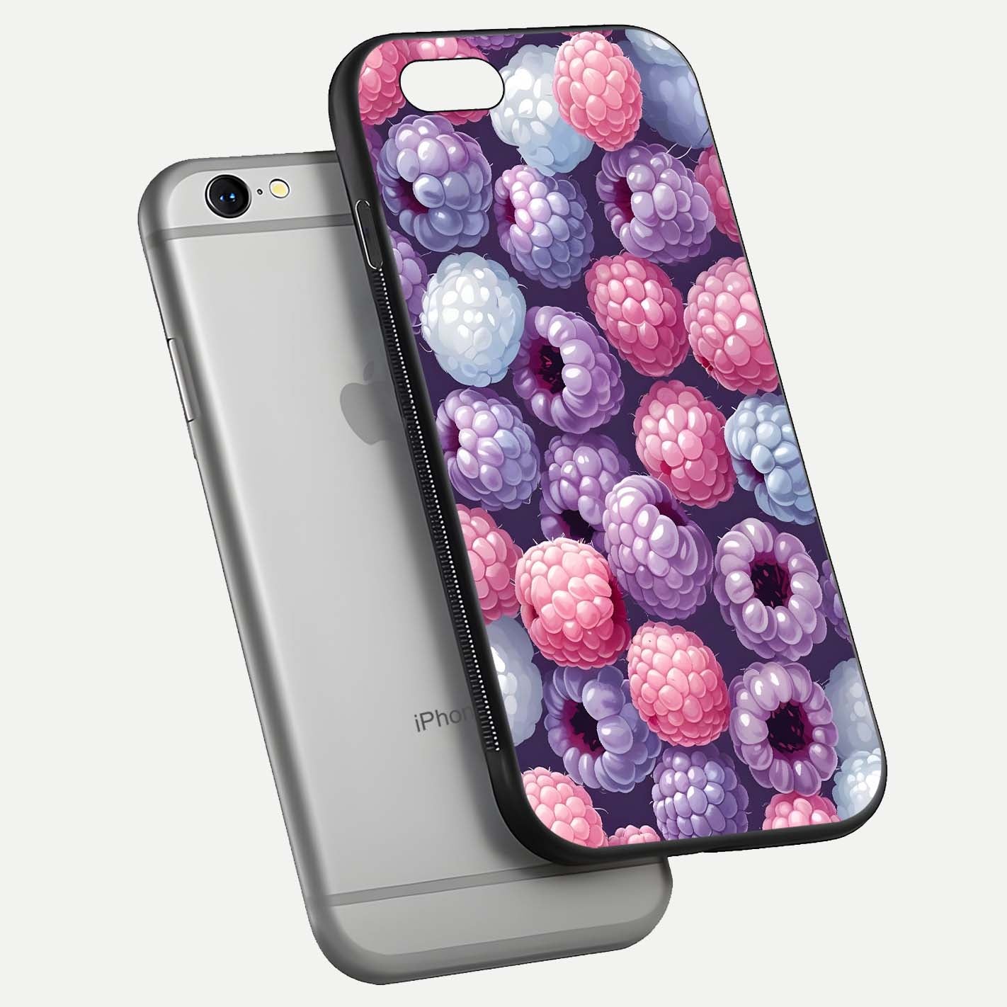 Berry Candy Pop Glass Case for iPhone 16 Pro floating dual-view mockup highlighting gloss shine and curved edges