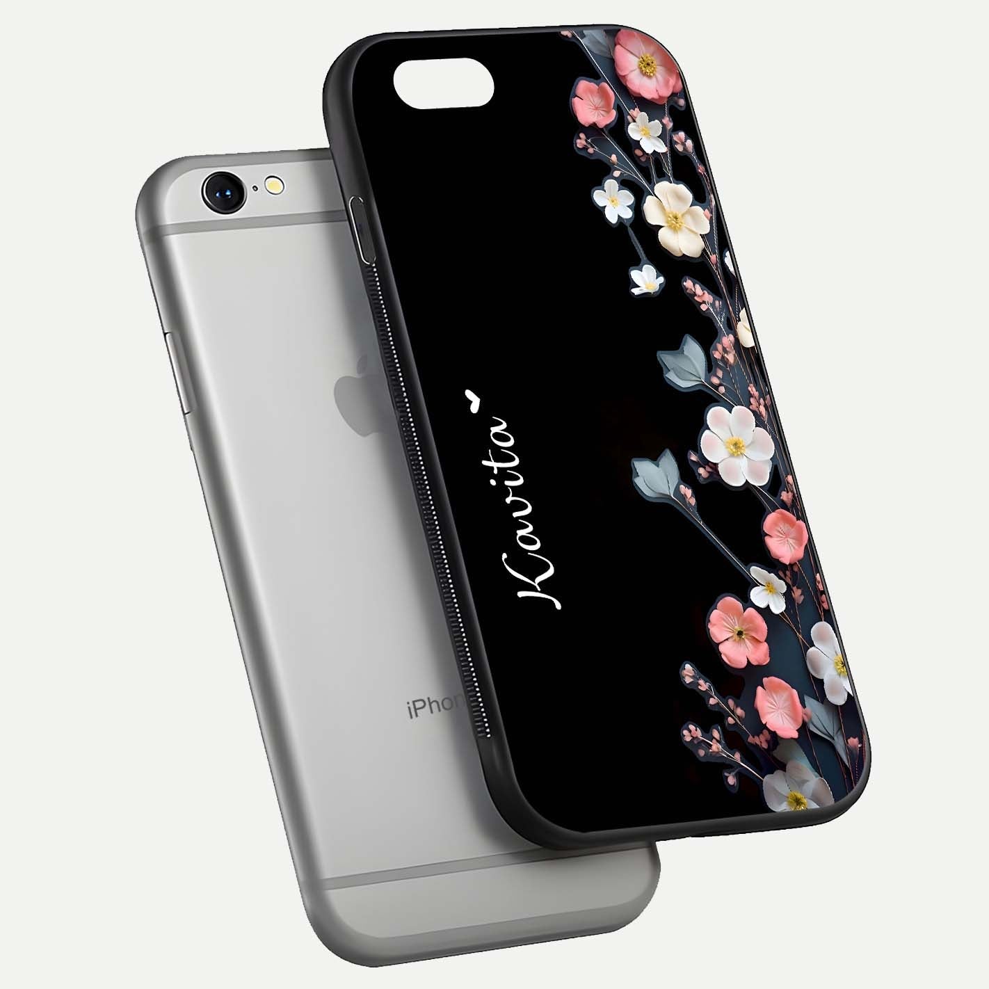 Black Elegance Floral Custom Name Glass Case for iPhone 16 Pro floating mockup emphasizing premium shine and floral art