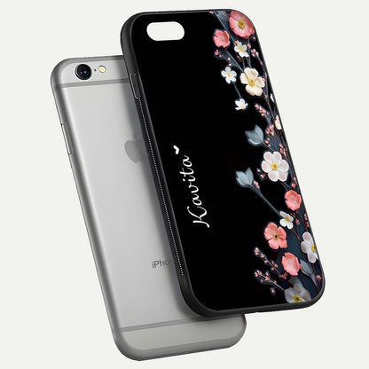 Black Elegance Floral Custom Name Glass Case for iPhone 16 Pro floating mockup emphasizing premium shine and floral art