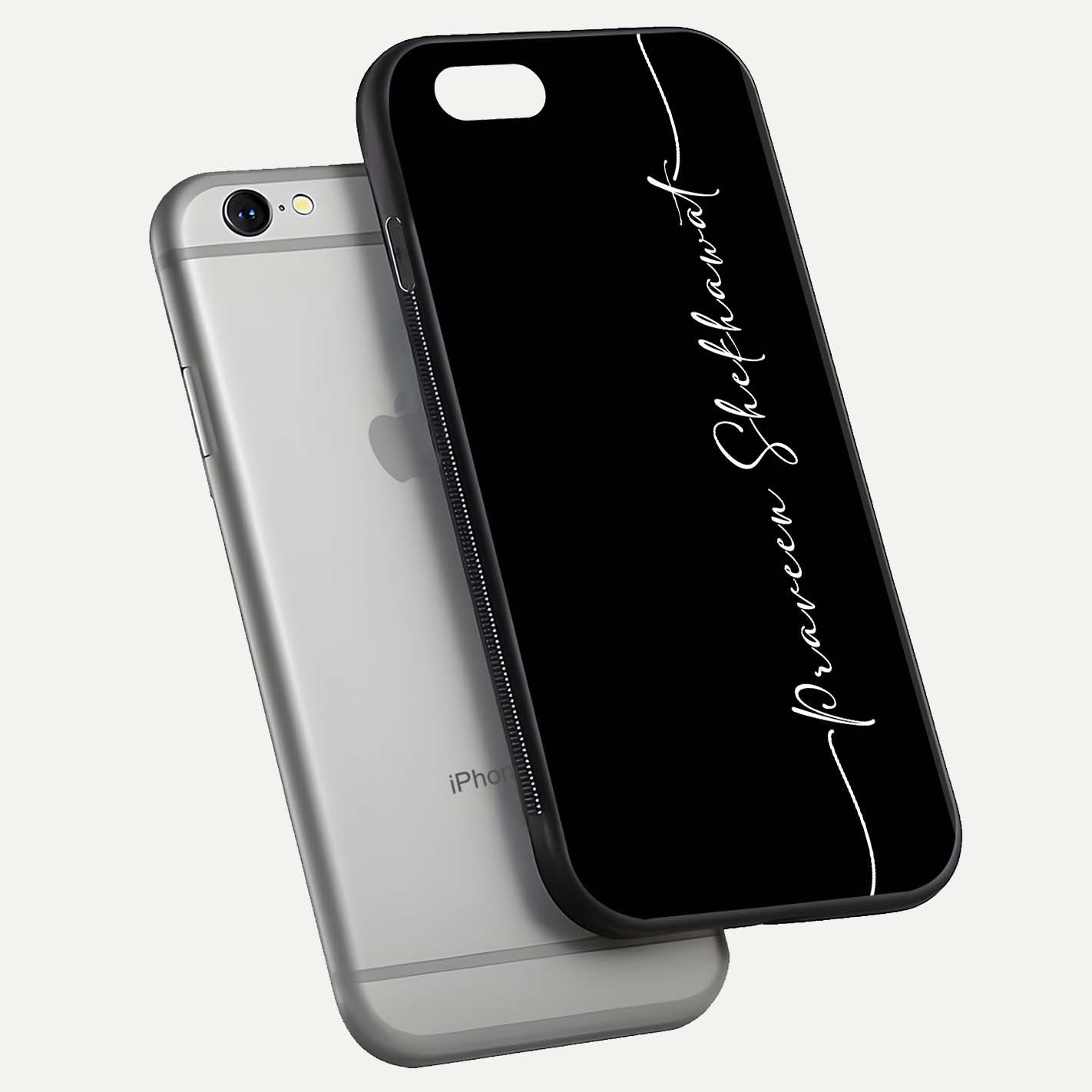 Black Tune Custom Name Glass Case for iPhone 16 Pro floating dual-view mockup emphasizing modern glossy texture