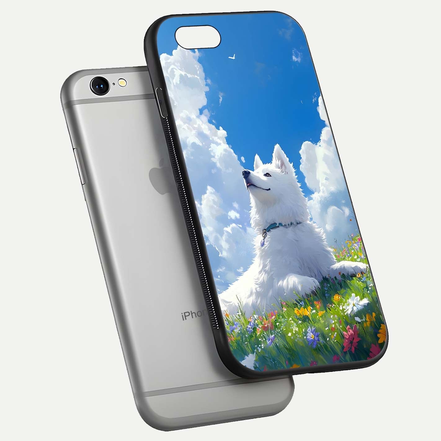 Blissful Cloud Pup Glass Case for iPhone 16 Pro floating mockup capturing playful aesthetic and gloss finish