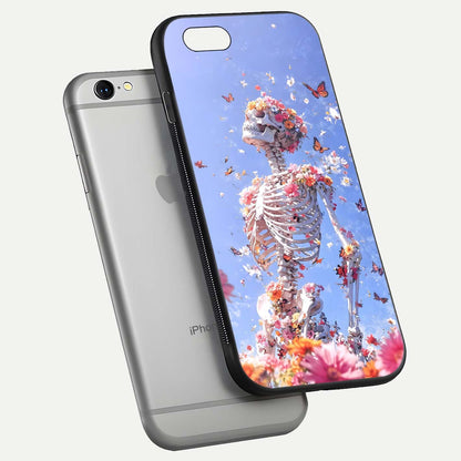 Bloom Beyond Bones Glass Case for iPhone 16 Pro floating mockup displaying shine, texture, and gloss detail