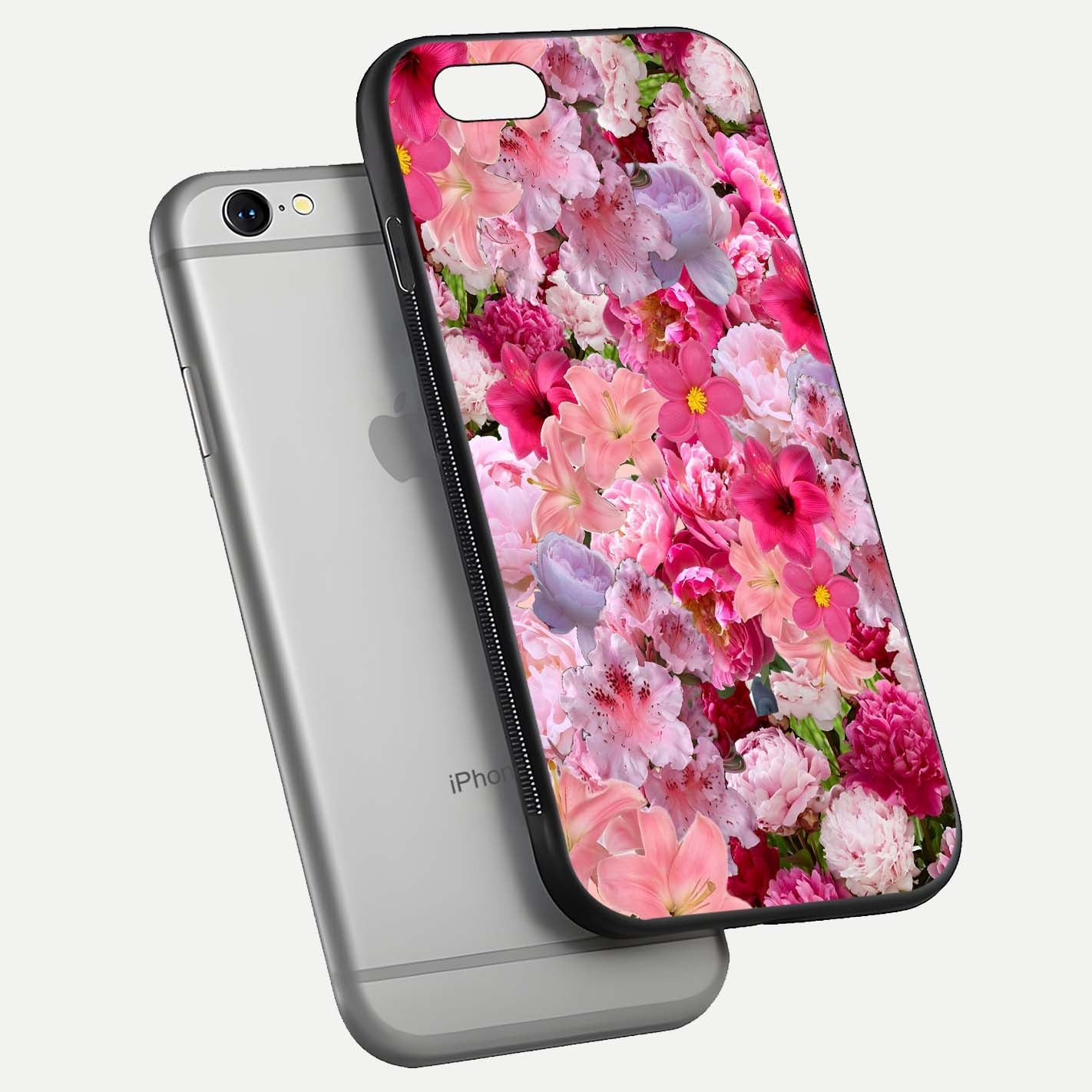 Bloom Crush Fantasy Glass Case for iPhone 16 Pro floating mockup showing floral pattern clarity and HD glass