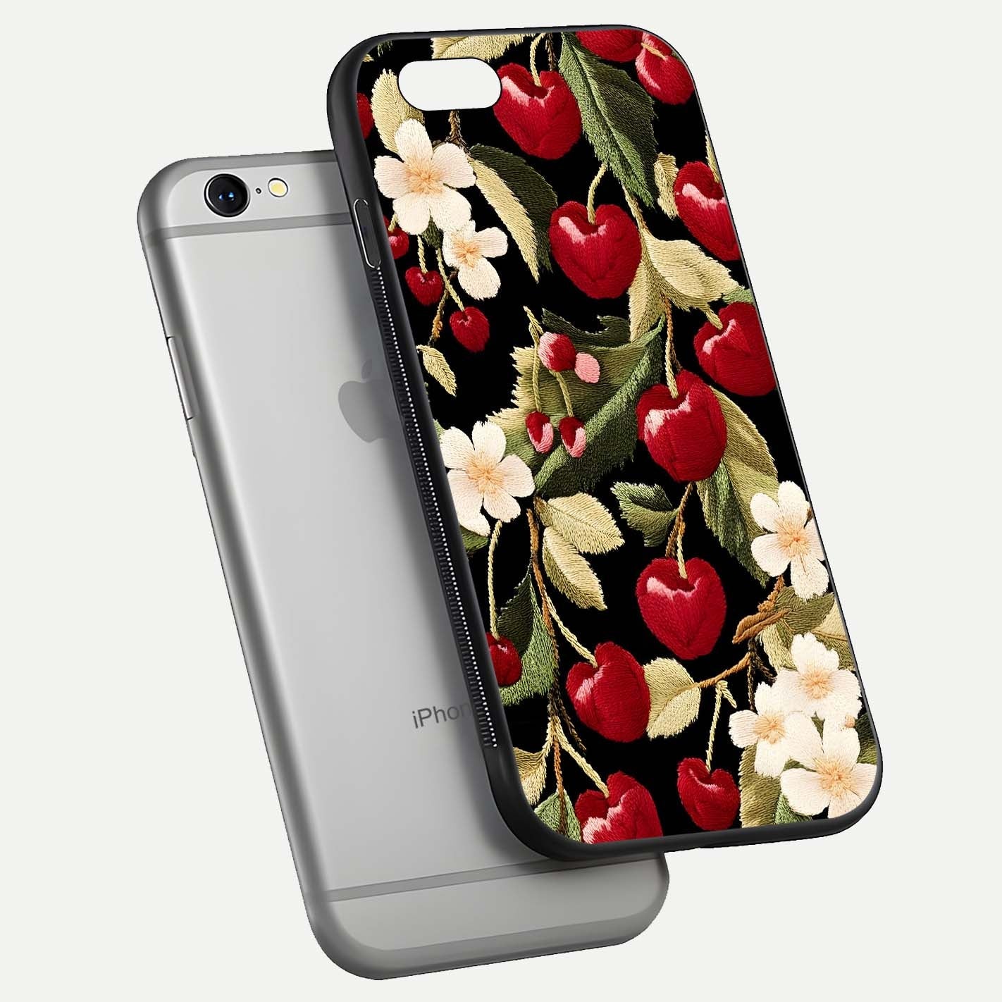 Bloom Thread Art Glass Case for iPhone 16 Pro floating mockup showing premium reflection and stitched art vibe