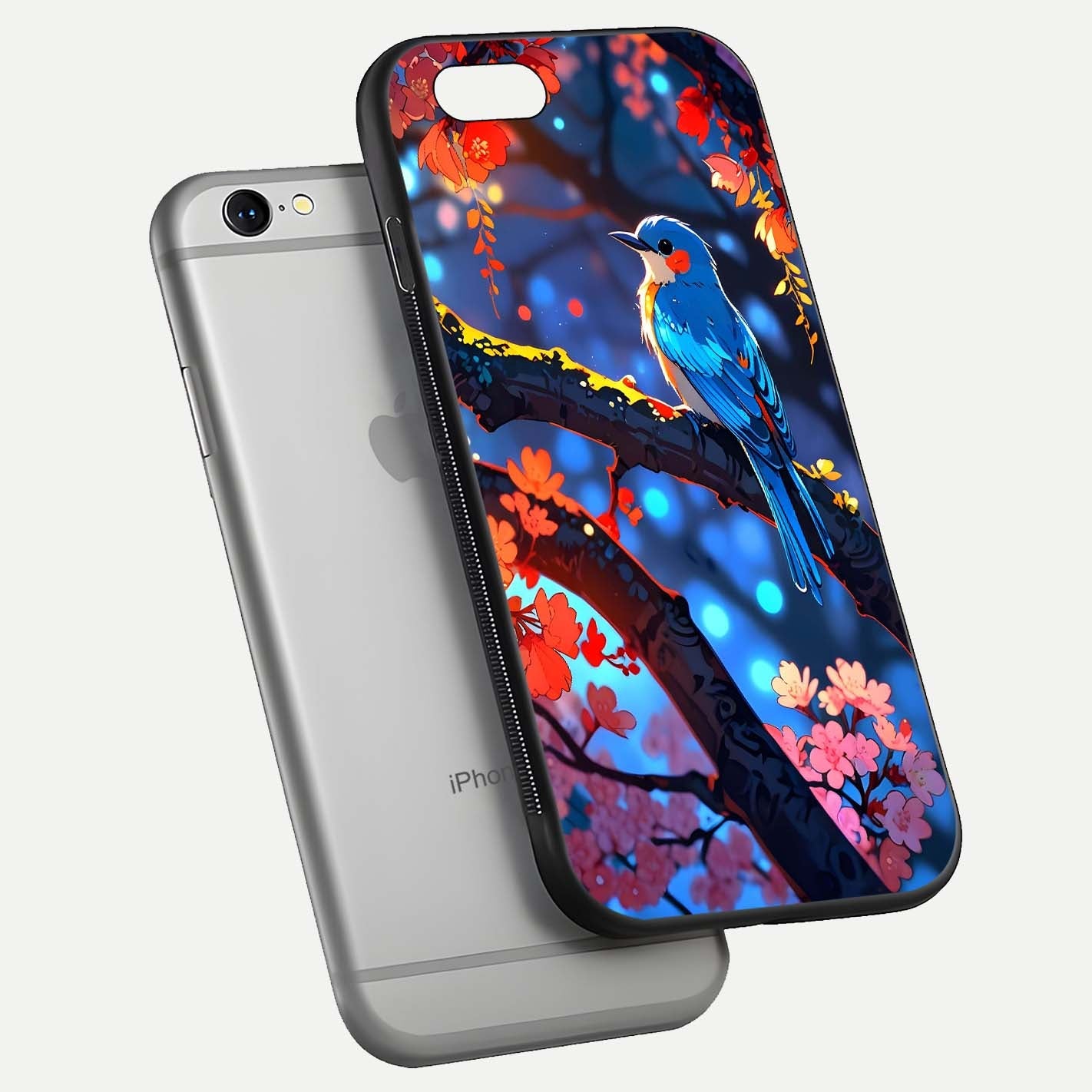 Blooming Spendor Bird Glass Case for iPhone 16 Pro floating dual-mockup capturing gloss tone and curved texture