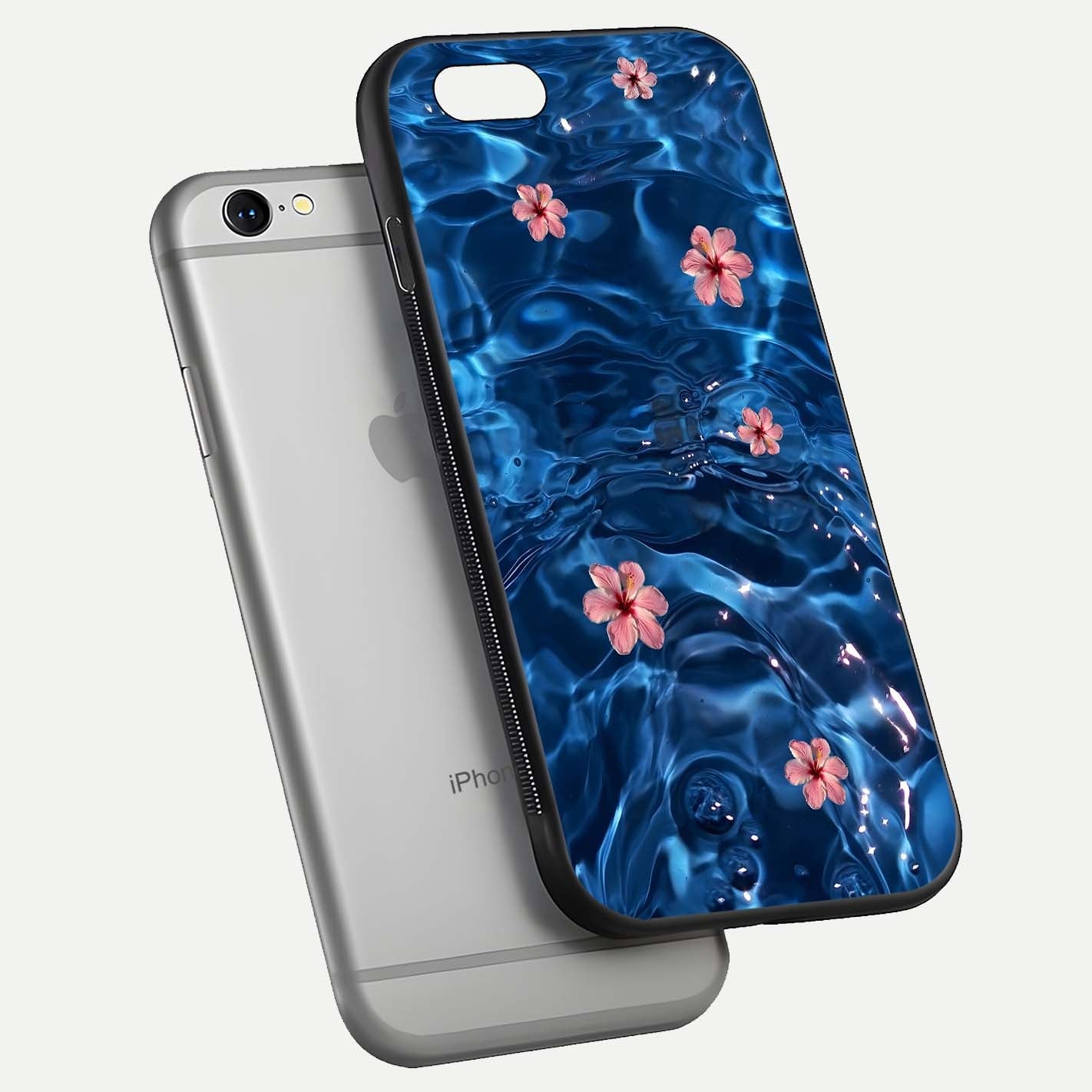 Blooming Water Drift Glass Case for iPhone 16 Pro floating dual-view mockup showing floral drift pattern and reflective surface