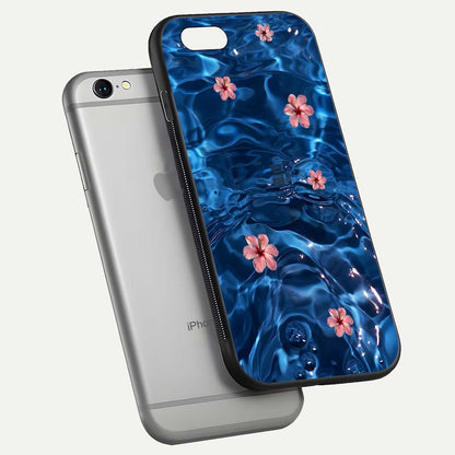 Blooming Water Drift Glass Case for iPhone 16 Pro floating dual-view mockup showing floral drift pattern and reflective surface