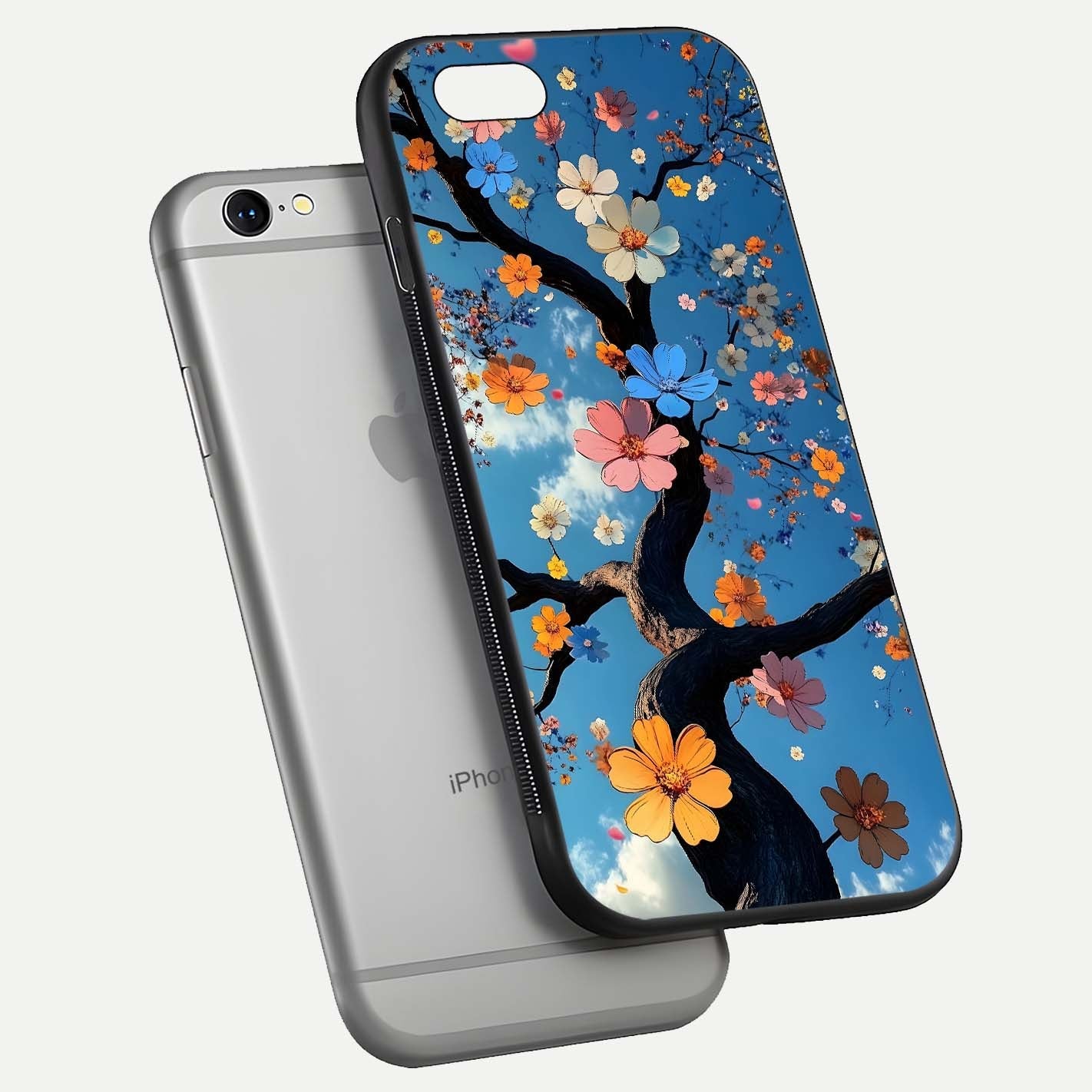Blossom Dream Sky Glass Case for iPhone 16 Pro floating dual-mockup displaying smooth finish and elegant sky tones