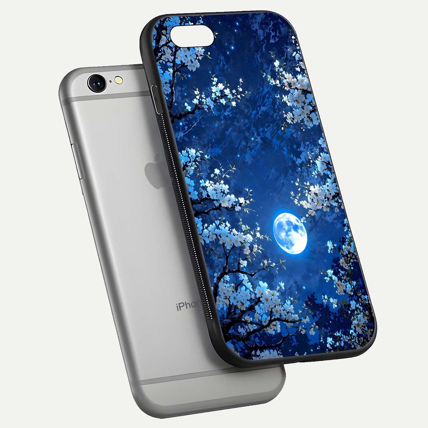Blossom Moonlight Sky Glass Case for iPhone 16 Pro floating mockup showing glowing moon accent and HD gloss texture