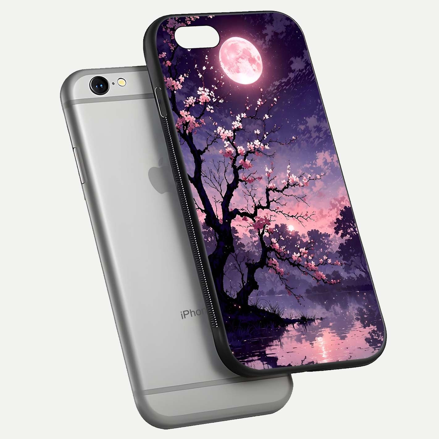 Blossom Pink Moon Glass Case for iPhone 16 Pro floating mockup emphasizing dreamy pink moon aura and smooth finish