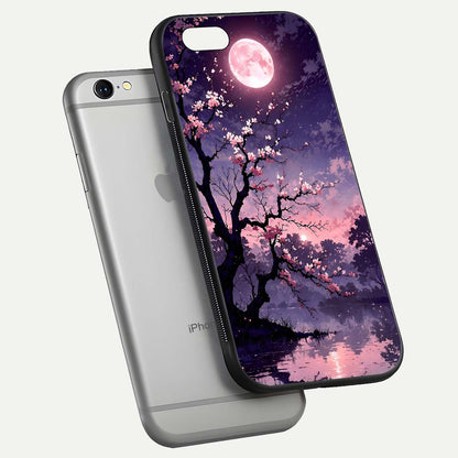 Blossom Pink Moon Glass Case for iPhone 16 Pro floating mockup emphasizing dreamy pink moon aura and smooth finish