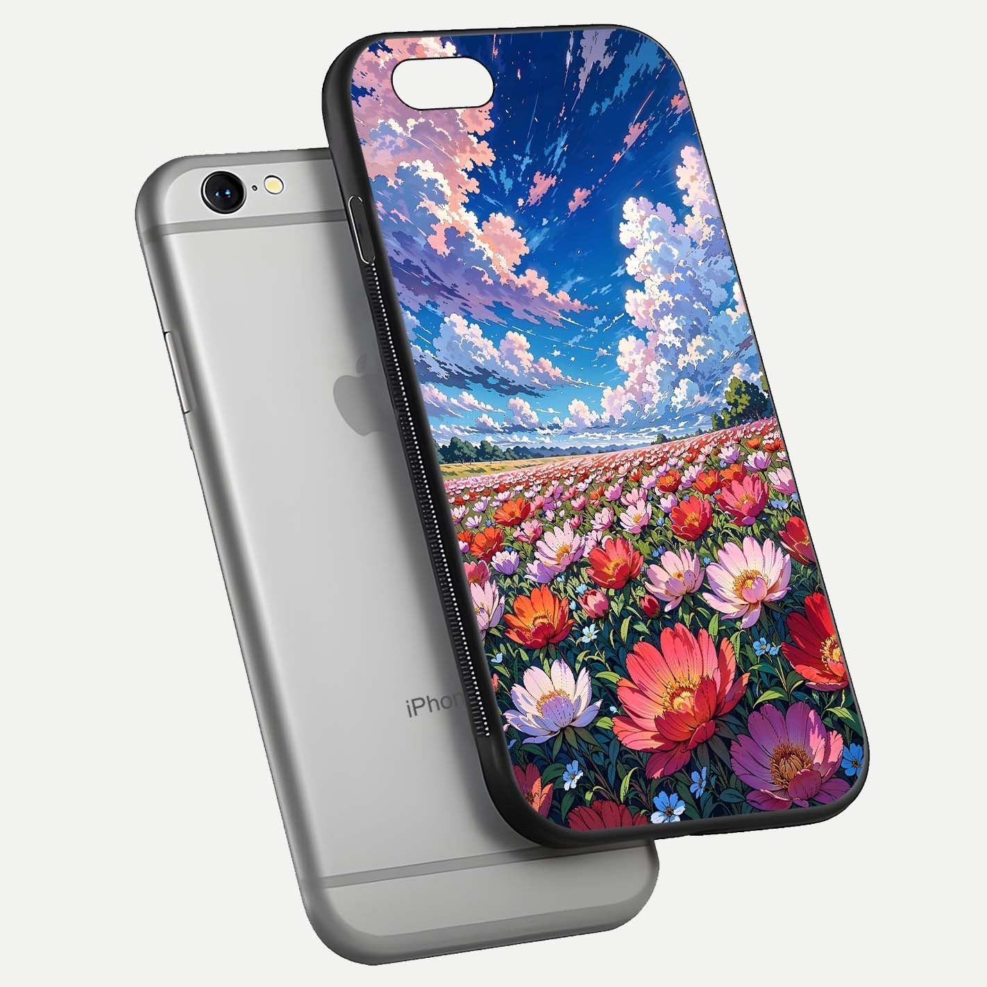 Blossom Sky Field Glass Case for iPhone 16 Pro floating mockup displaying sky bloom concept with smooth finish