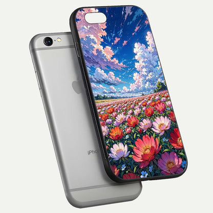 Blossom Sky Field Glass Case for iPhone 16 Pro floating mockup displaying sky bloom concept with smooth finish