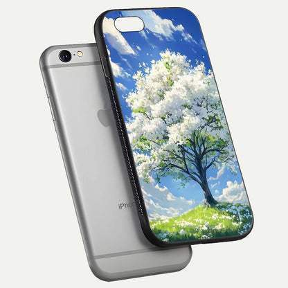 Blossom Sky Serenity Glass Case for iPhone 16 Pro floating mockup capturing gloss surface and tranquil design