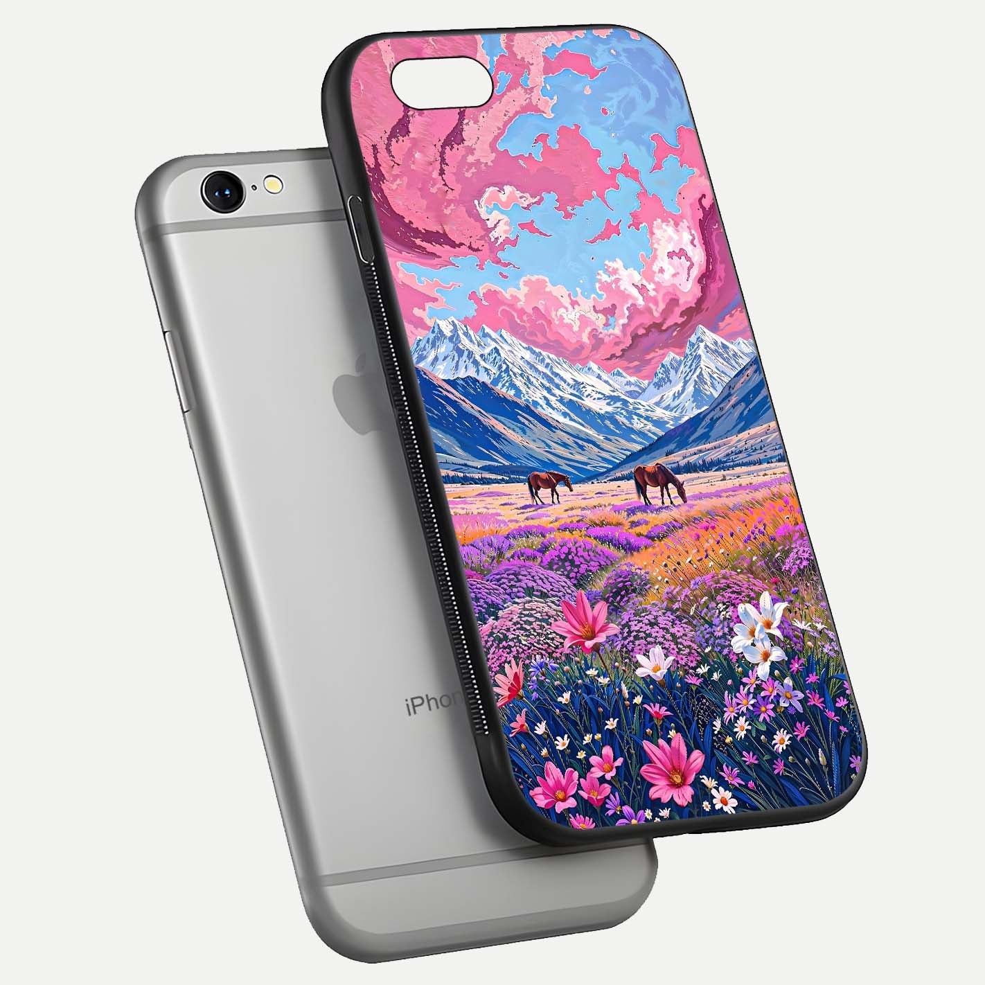 Blossom Valley Dream Glass Case for iPhone 16 Pro floating mockup showing floral valley blend and reflective surface