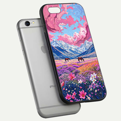 Blossom Valley Dream Glass Case for iPhone 16 Pro floating mockup showing floral valley blend and reflective surface