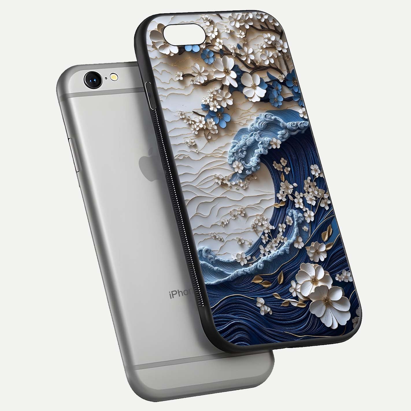 Blossom Wave Art Glass Case for iPhone 16 Pro floating mockup displaying pattern details and reflective shine