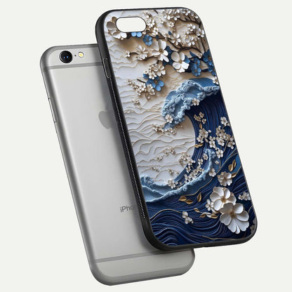 Blossom Wave Art Glass Case for iPhone 16 Pro floating mockup displaying pattern details and reflective shine