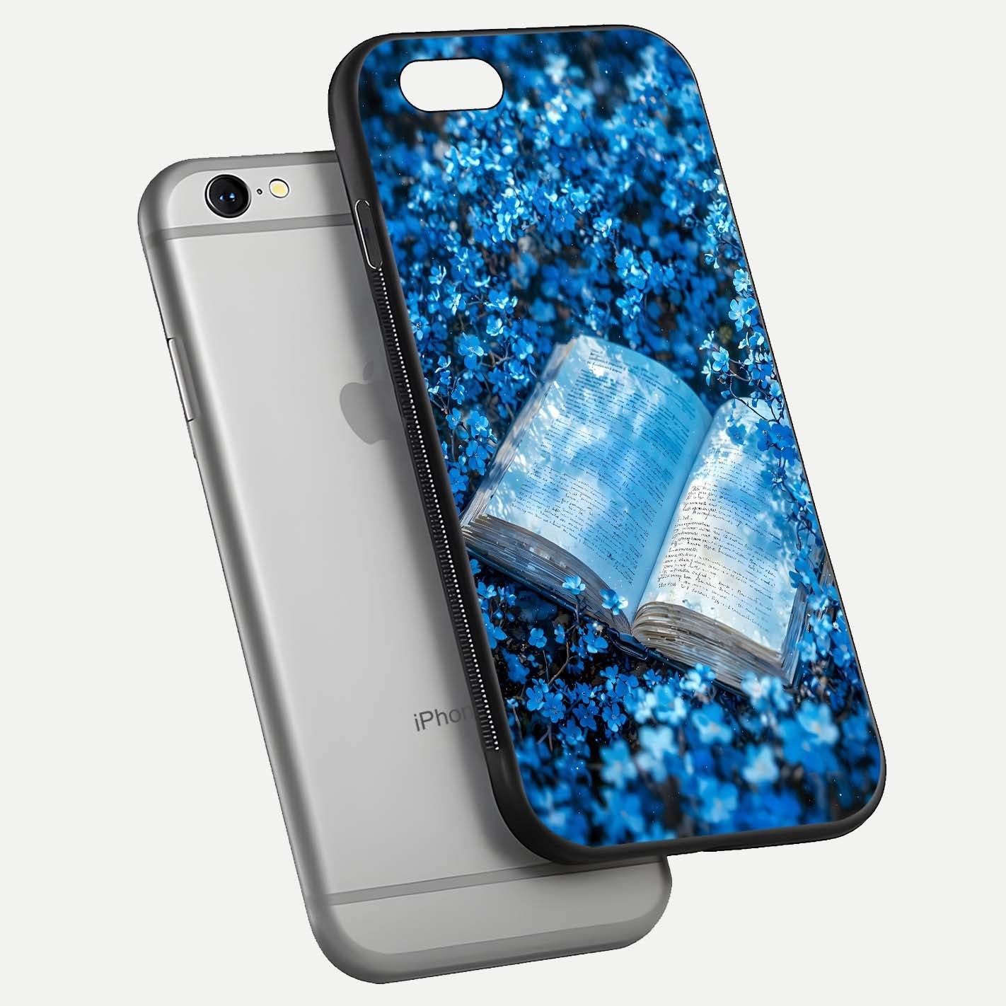 Blue Bloom Tales Glass Case for iPhone 16 Pro floating mockup showing detailed bloom and reflective surface
