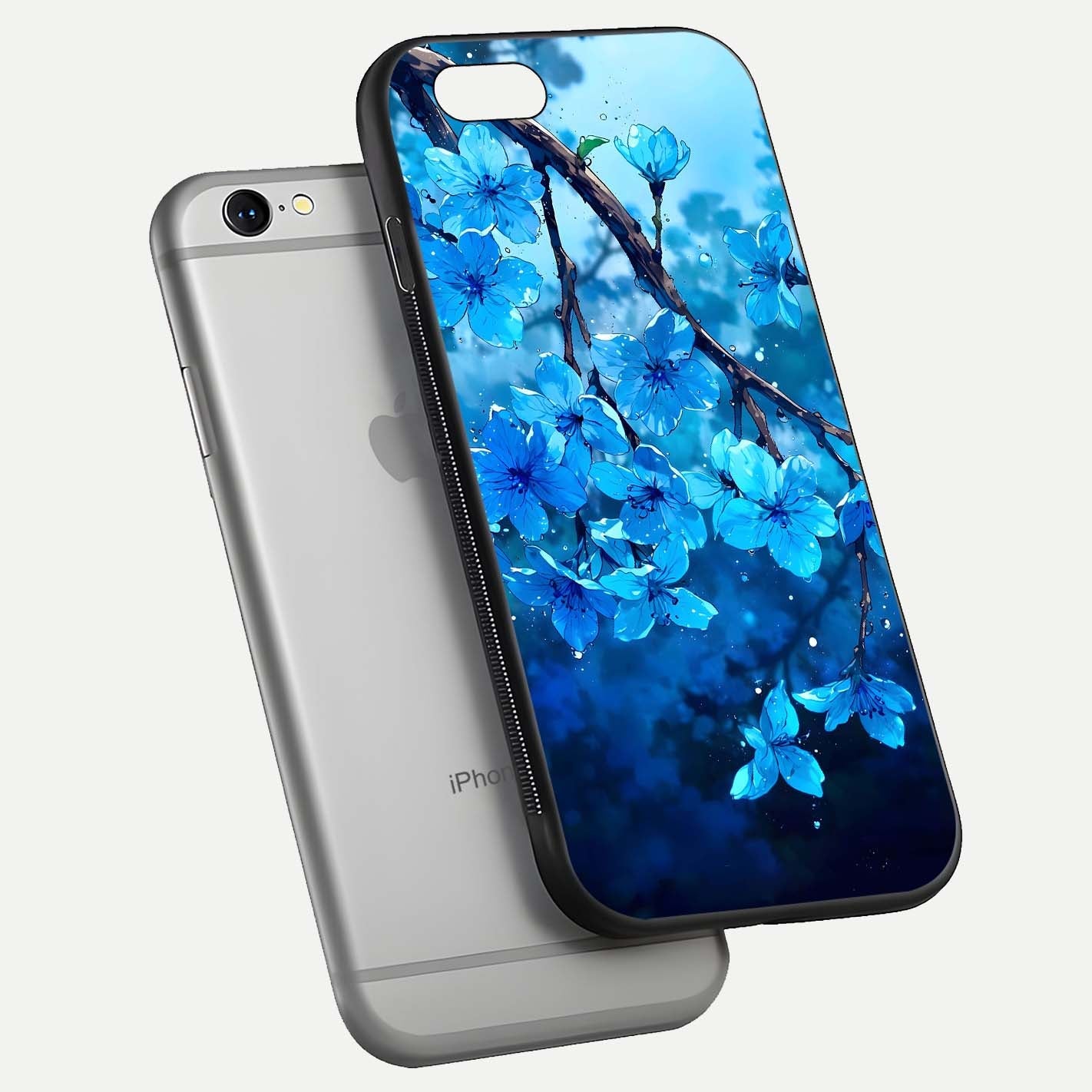 Blue Blossoms Branch Glass Case for iPhone 16 Pro floating mockup showing shine, curved edges, and branch detailing