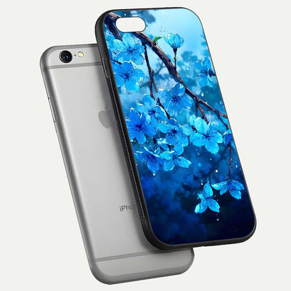 Blue Blossoms Branch Glass Case for iPhone 16 Pro floating mockup showing shine, curved edges, and branch detailing