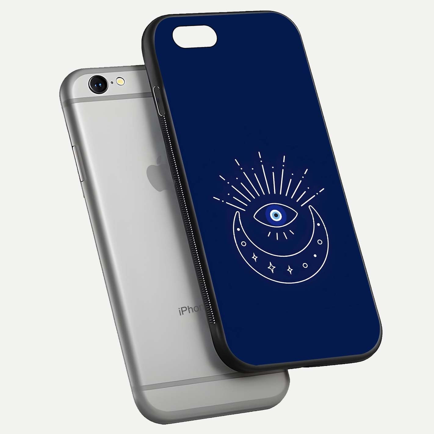 Blue Evil Eye Glass Case for iPhone 16 Pro floating mockup displaying glossy protection and spiritual artwork