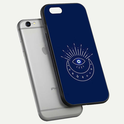 Blue Evil Eye Glass Case for iPhone 16 Pro floating mockup displaying glossy protection and spiritual artwork