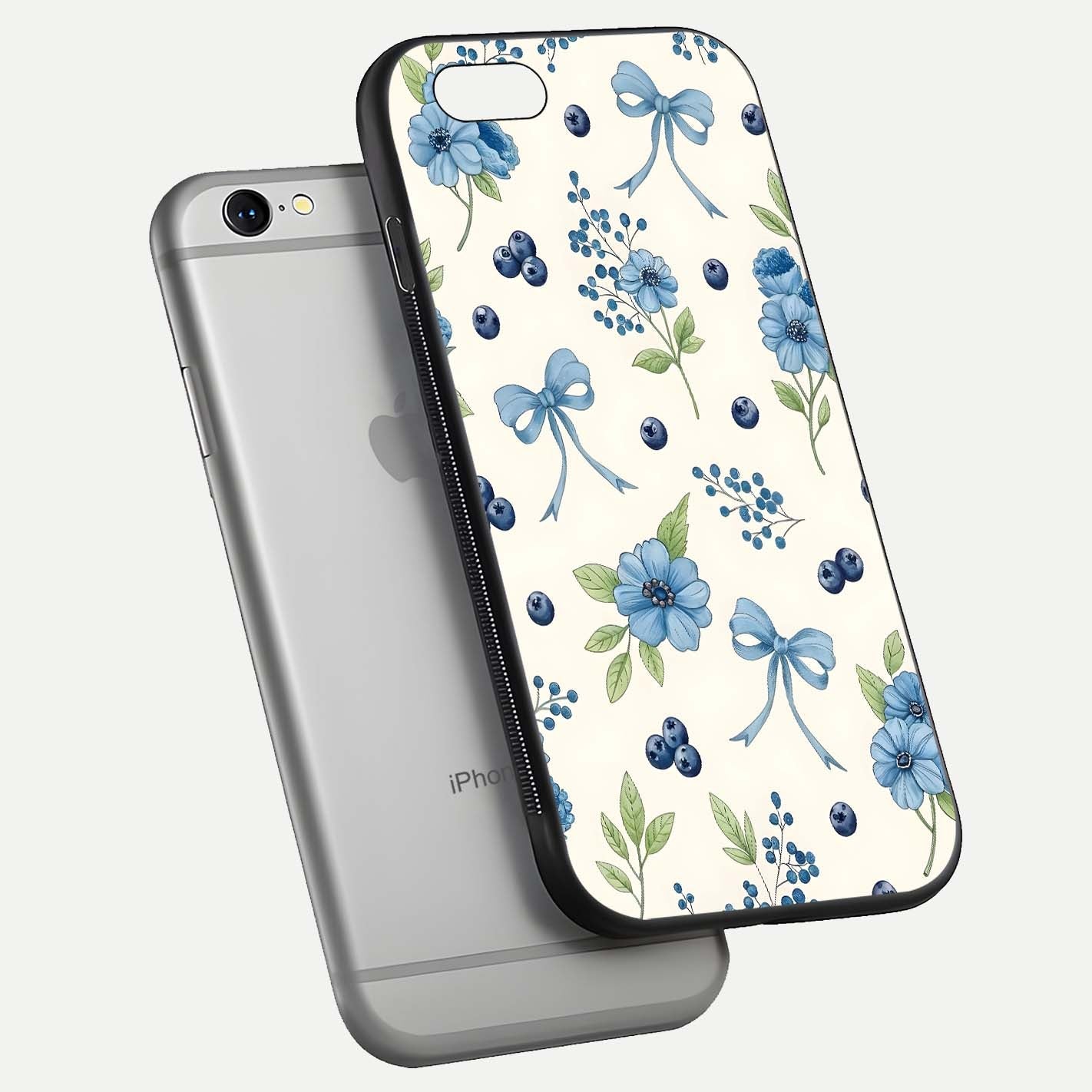 Blue Flower & Bow Glass Case for iPhone 16 Pro floating mockup capturing gloss reflection and girly aesthetic
