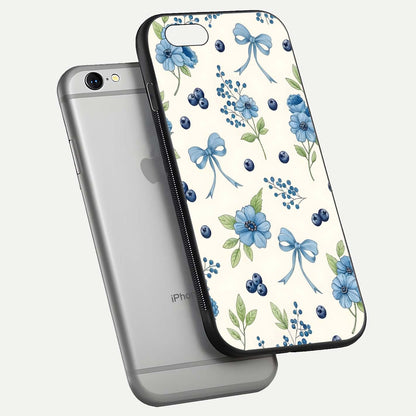 Blue Flower & Bow Glass Case for iPhone 16 Pro floating mockup capturing gloss reflection and girly aesthetic
