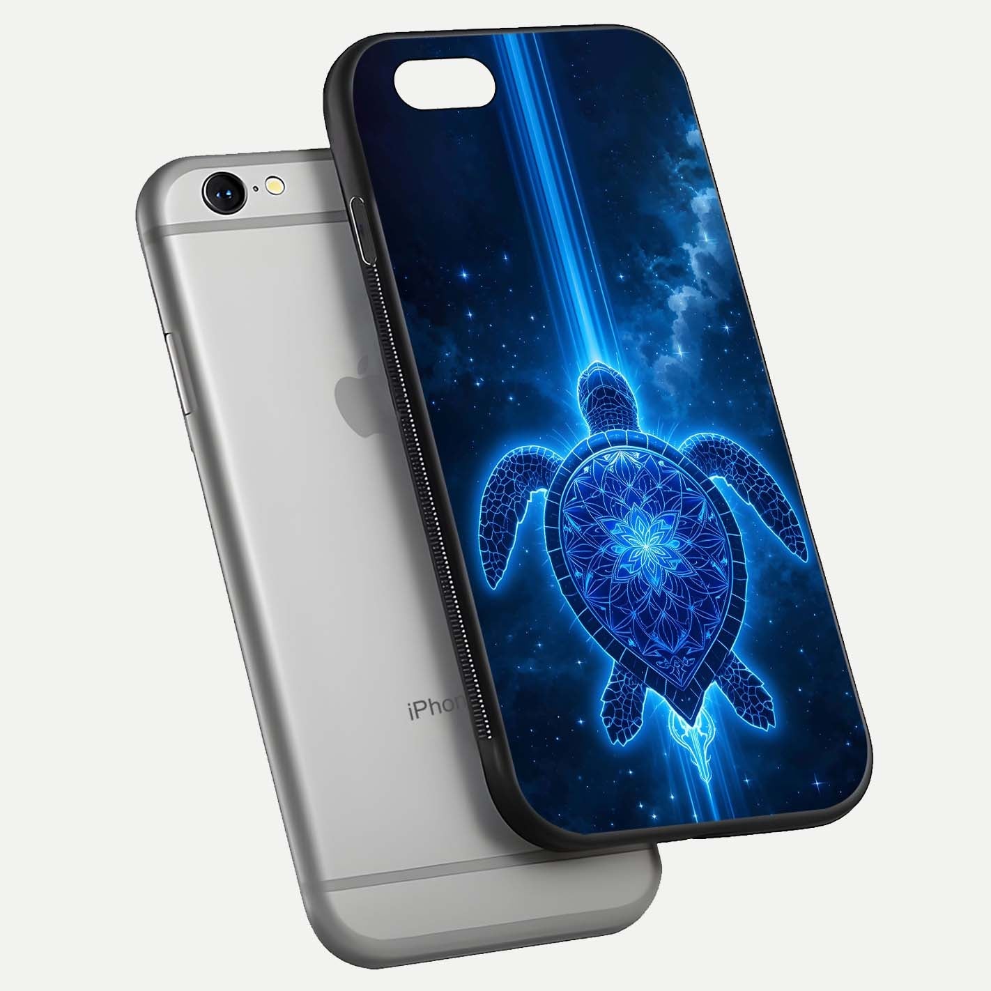 Blue Galaxy Turtle Glass Case for iPhone 16 Pro floating dual-mockup showing gloss depth and color transitions