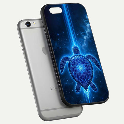 Blue Galaxy Turtle Glass Case for iPhone 16 Pro floating dual-mockup showing gloss depth and color transitions