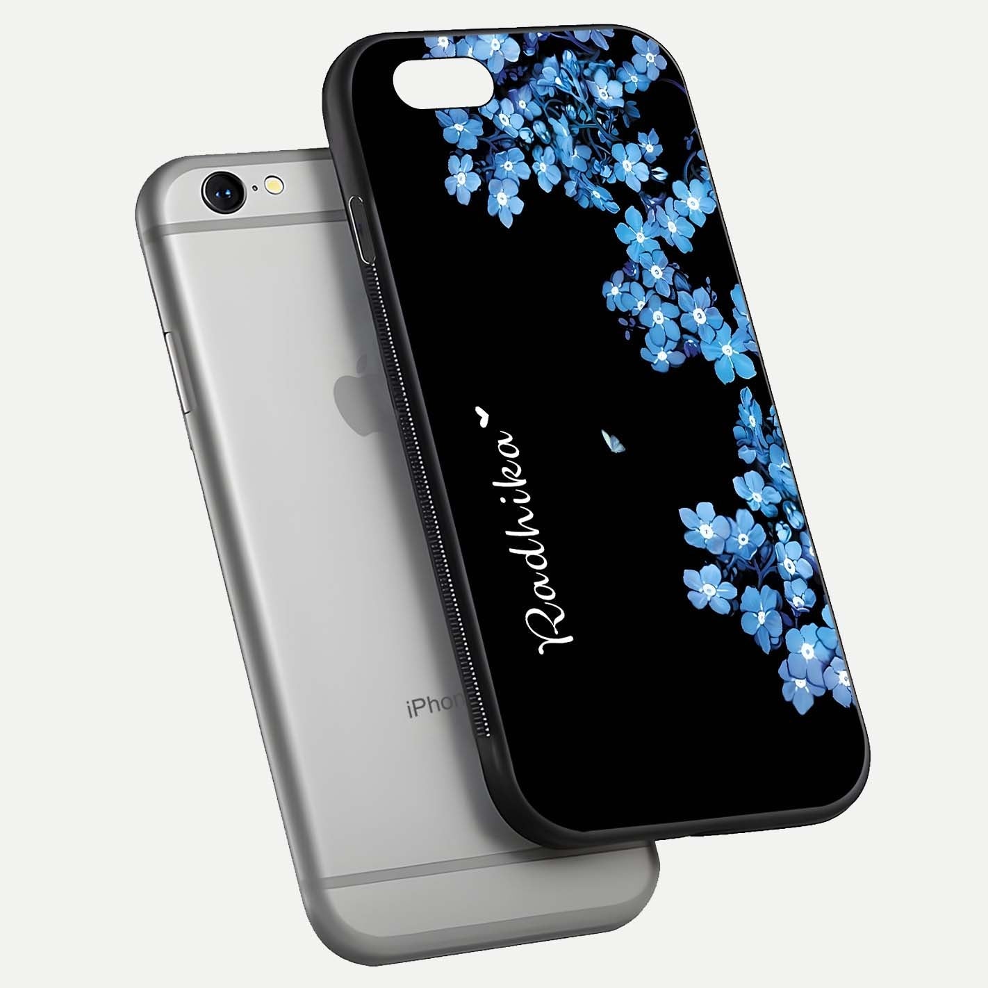 Blue Petal Dream Custom Name Glass Case for iPhone 16 Pro floating mockup capturing floral tones and glass shine