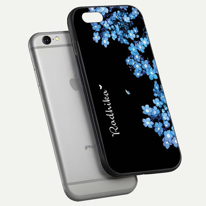 Blue Petal Dream Custom Name Glass Case for iPhone 16 Pro floating mockup capturing floral tones and glass shine