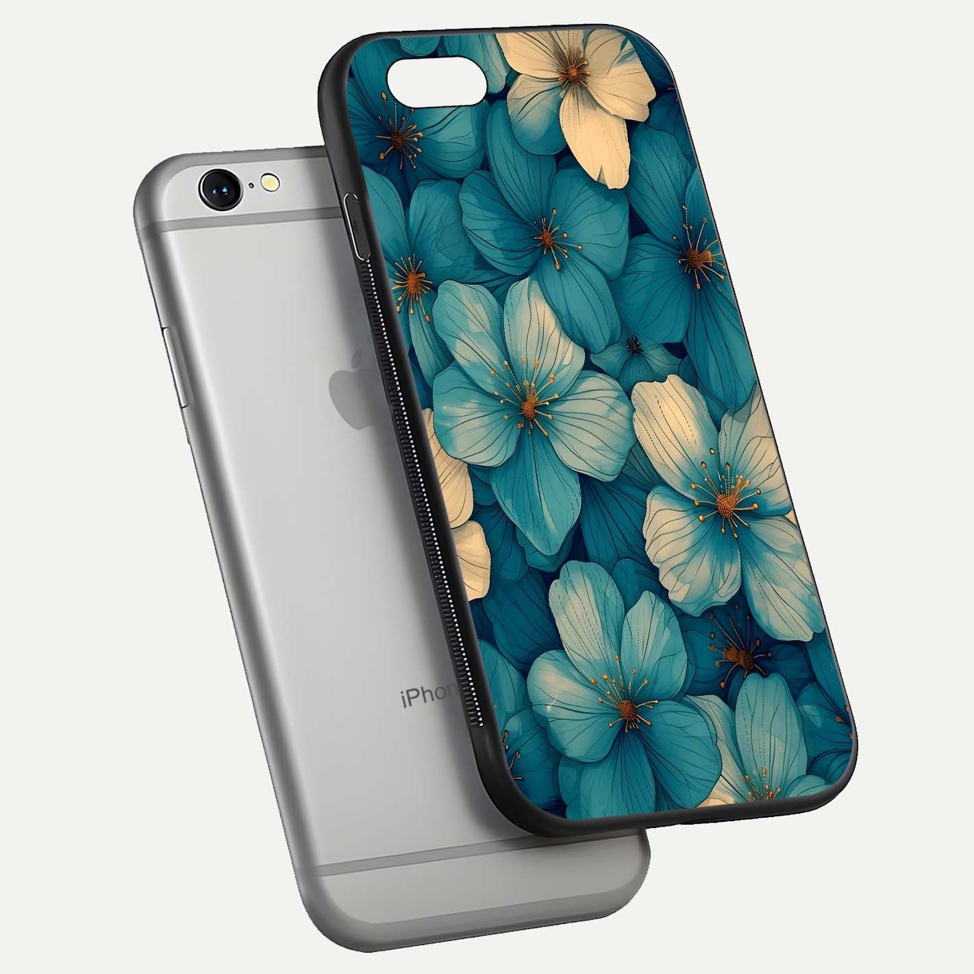 Blue Shade Floral Glass Case for iPhone 16 Pro floating mockup revealing gloss highlight and floral depth